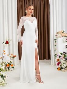 Contrast Lace Flounce Sleeve Split Thigh Wedding Dress Without Veil - White - View 5
