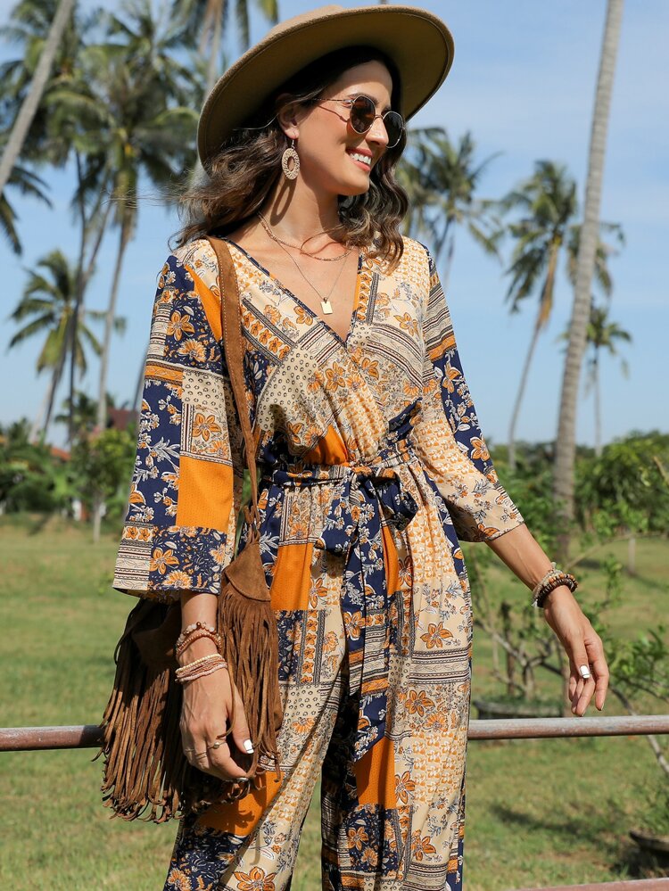 Patchwork Print Belted Wide Leg Jumpsuit