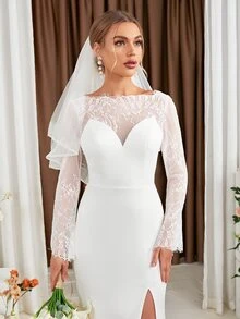Contrast Lace Flounce Sleeve Split Thigh Wedding Dress Without Veil - White - View 6
