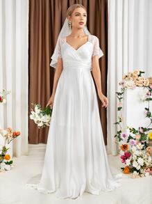 UNITHORSE Váy cưới Tương phản ren Xù Dây kéo màu trơn - trắng - Xem 3