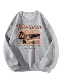 SHEIN EZwear Slogan & Train Print Thermal Pullover - Light Grey - View 1
