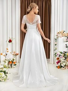 UNITHORSE Váy cưới Tương phản ren Xù Dây kéo màu trơn - trắng - Xem 2