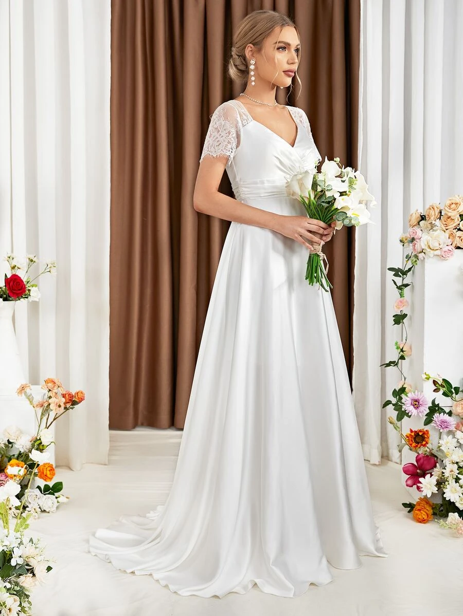 UNITHORSE Váy cưới Tương phản ren Xù Dây kéo màu trơn - trắng - Xem 1