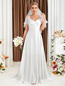 UNITHORSE Váy cưới Tương phản ren Xù Dây kéo màu trơn - trắng - Xem 5