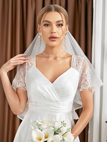 UNITHORSE Váy cưới Tương phản ren Xù Dây kéo màu trơn - trắng - Xem 6