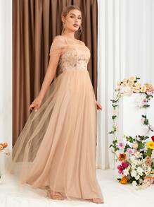 Contrast Sequin Mesh Overlay Cold Shoulder Bridesmaid Dress - Apricot - View 1