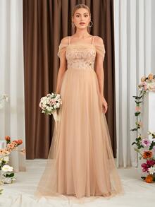 Contrast Sequin Mesh Overlay Cold Shoulder Bridesmaid Dress - Apricot - View 4