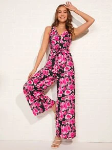 SHEIN VCAY Mono de pierna ancha con estampado floral - Multicolor - Ver 1
