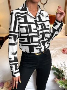 SHEIN Privé Geo Print Button Front Shirt - Black and White - View 3