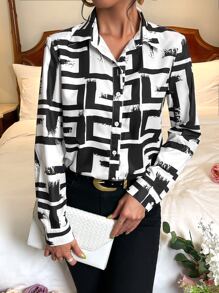 SHEIN Privé Geo Print Button Front Shirt - Black and White - View 1