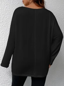 SHEIN Essnce Camiseta unicolor de cuello V de manga murciélago - Negro - Ver 2