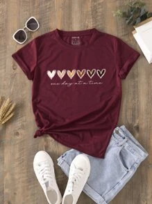 SHEIN LUNE Heart And Slogan Graphic Tee - Maroon - View 1