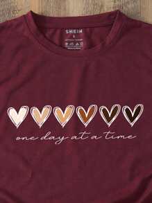 SHEIN LUNE Heart And Slogan Graphic Tee - Maroon - View 5