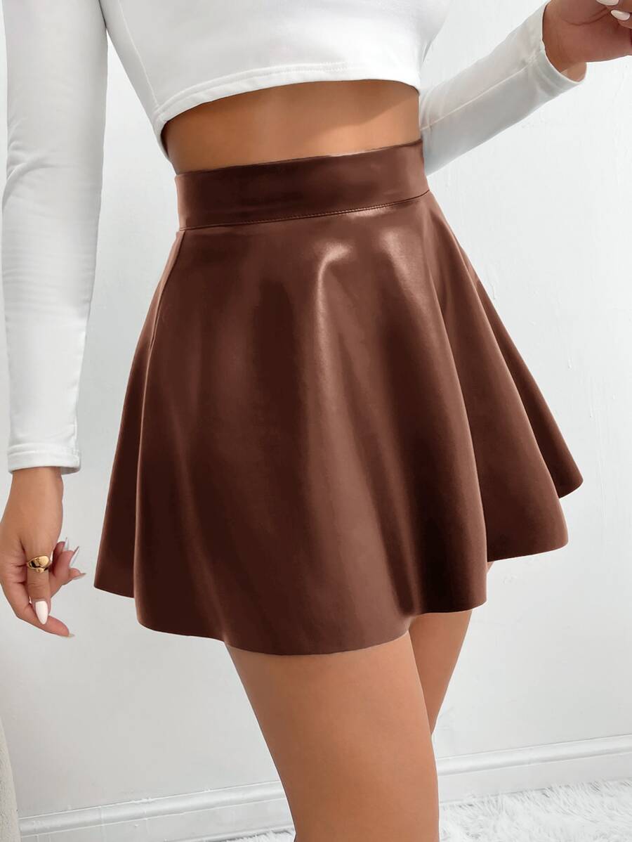 SHEIN PETITE 高腰PU皮革喇叭半身裙 - 棕色 - 查看 1
