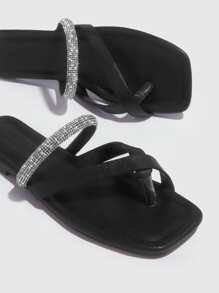 CUCCOO SZL 水鑽裝飾T字帶涼鞋 - 黑色 - 查看 3