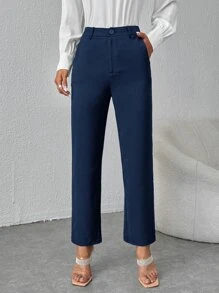 SHEIN PETITE High Waist Straight Leg Trousers - Navy Blue - View 1