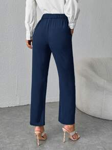 SHEIN PETITE High Waist Straight Leg Trousers - Navy Blue - View 2