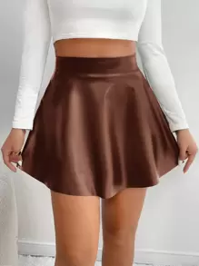 SHEIN PETITE 高腰PU皮革喇叭半身裙 - 棕色 - 查看 3