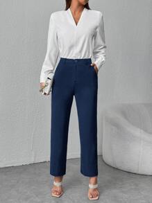 SHEIN PETITE High Waist Straight Leg Trousers - Navy Blue - View 3