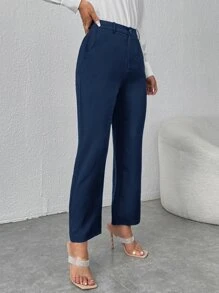 SHEIN PETITE High Waist Straight Leg Trousers - Navy Blue - View 4