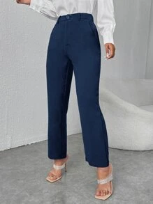 SHEIN PETITE High Waist Straight Leg Trousers - Navy Blue - View 5