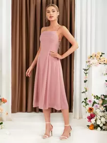 SHEIN Belle Váy phù dâu Lộ Lưng Hội Chữ thập Buộc lại màu trơn - Màu Hồng baby - Xem 3