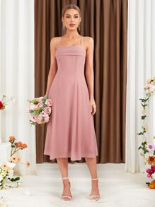 SHEIN Belle Váy phù dâu Lộ Lưng Hội Chữ thập Buộc lại màu trơn - Màu Hồng baby - Xem 5