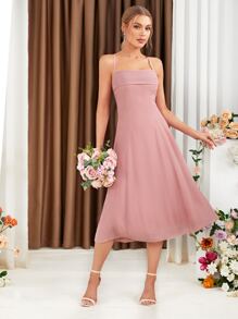 SHEIN Belle Váy phù dâu Lộ Lưng Hội Chữ thập Buộc lại màu trơn - Màu Hồng baby - Xem 6