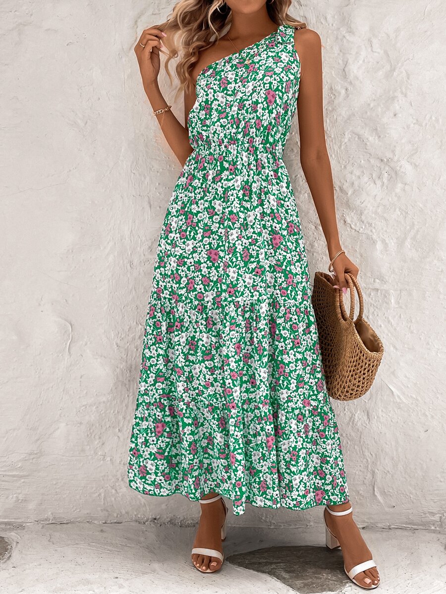 SHEIN VCAY Vestido con estampado floral de un hombro bajo con fruncido - Verde - Ver 1