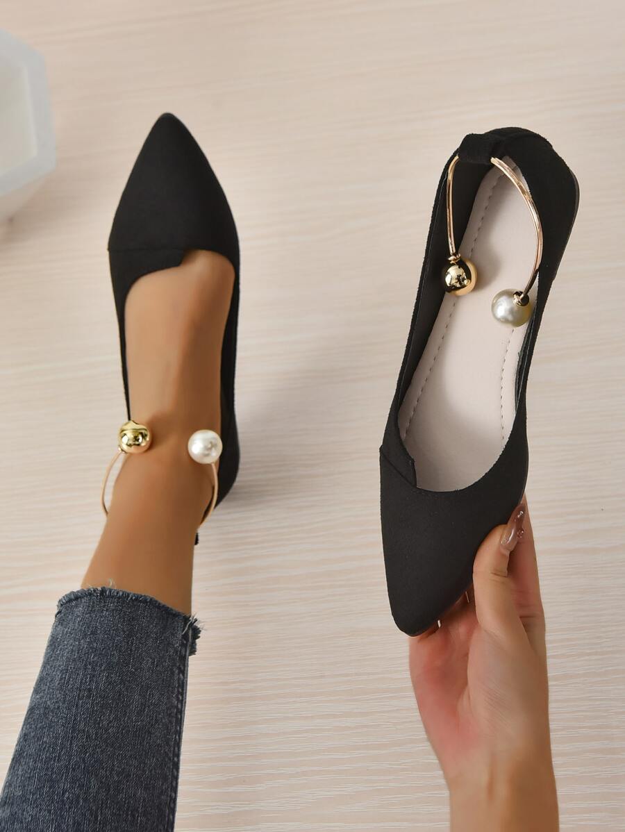 Faux Pearl Decor Point Toe Ballet Flats, Black Elegant Pearl Decor Solid Color Ankle Strap Women's Flat Shoes Valentines