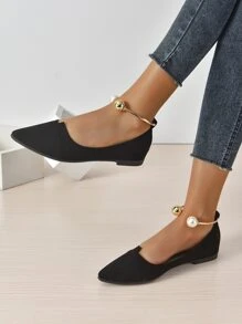 Faux Pearl Decor Point Toe Ballet Flats, Black Elegant Pearl Decor Solid Color Ankle Strap Women's Flat Shoes Valentines