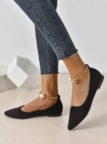 Faux Pearl Decor Point Toe Ballet Flats, Black Elegant Pearl Decor Solid Color Ankle Strap Women's Flat Shoes Valentines