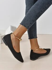 Faux Pearl Decor Point Toe Ballet Flats, Black Elegant Pearl Decor Solid Color Ankle Strap Women's Flat Shoes Valentines