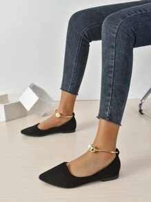 Faux Pearl Decor Point Toe Ballet Flats, Black Elegant Pearl Decor Solid Color Ankle Strap Women's Flat Shoes Valentines