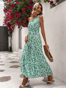 SHEIN VCAY Vestido con estampado floral de un hombro bajo con fruncido - Verde - Ver 5