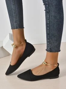 Faux Pearl Decor Point Toe Ballet Flats, Black Elegant Pearl Decor Solid Color Ankle Strap Women's Flat Shoes Valentines