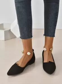 Faux Pearl Decor Point Toe Ballet Flats, Black Elegant Pearl Decor Solid Color Ankle Strap Women's Flat Shoes Valentines