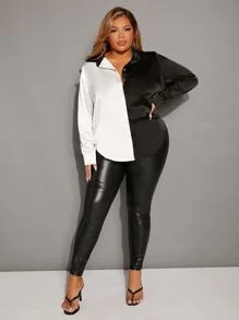 SHEIN SXY Plus Two Tone Button Front Satin Shirt - Black and White - View 1