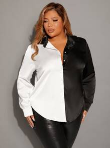 SHEIN SXY Plus Two Tone Button Front Satin Shirt - Black and White - View 3