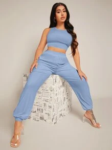 SHEIN SXY Solid Velvet Crop Tank Top & Joggers Set - Baby Blue - View 1