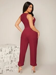 SHEIN SXY Solid Velvet Crop Tank Top & Joggers Set - Burgundy - View 2
