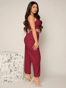 SHEIN SXY Solid Velvet Crop Tank Top & Joggers Set - Burgundy - View 3