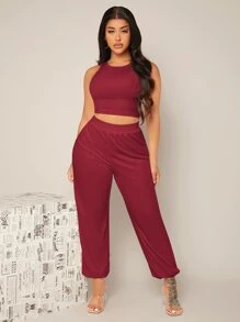 SHEIN SXY Solid Velvet Crop Tank Top & Joggers Set - Burgundy - View 4