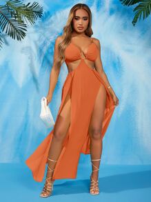 SHEIN SXY Ruched Bust Ring Cut Out Split Thigh Cami Dress - Burnt Orange - View 1