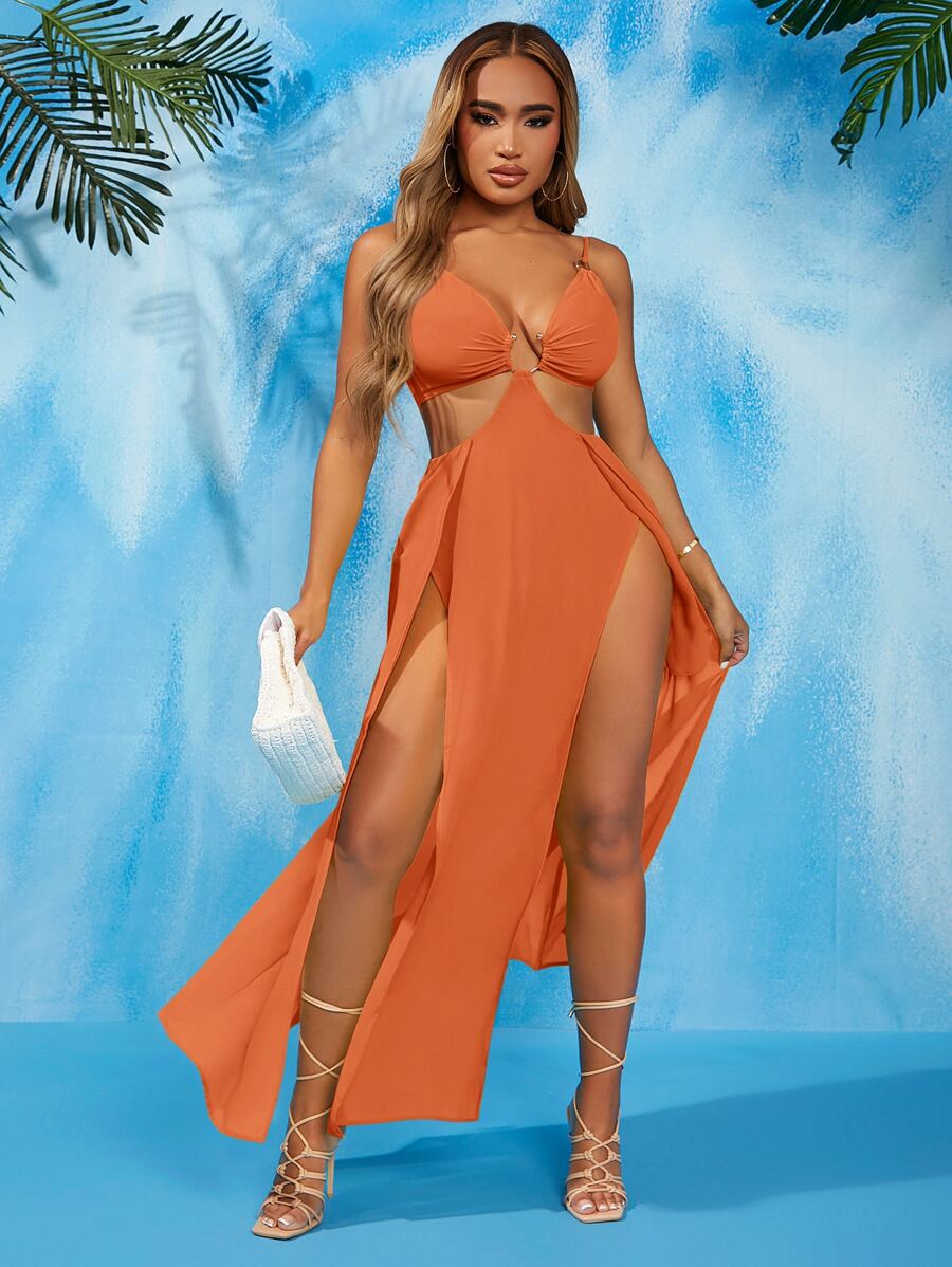 SHEIN SXY Ruched Bust Ring Cut Out Split Thigh Cami Dress - Burnt Orange - View 1