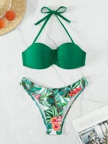 Conjunto de bikini de verano con estampado tropical y escote halter con fruncido - Verde - Ver 3