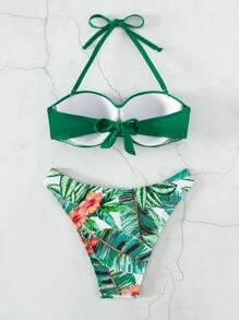Conjunto de bikini de verano con estampado tropical y escote halter con fruncido - Verde - Ver 4