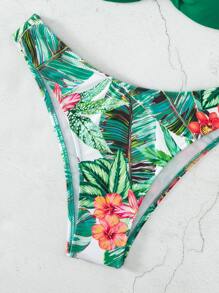 Conjunto de bikini de verano con estampado tropical y escote halter con fruncido - Verde - Ver 6
