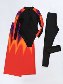 Swim Shayni Full Body Colorblock Burkini Swimsuit With Beach Skirt SummerArabic Clothing