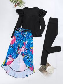 3 paquetes Camiseta rash de playa de verano con bajo de bajo a alto, estampado tropical y ribete de volantes - Multicolor - Ver 4